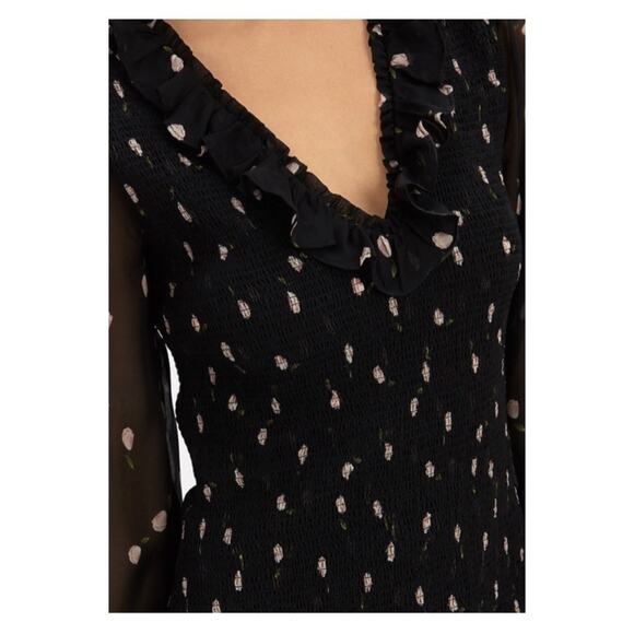 Intermix Elara 100% Silk Black Floral Smocked Mini Dress Size 2 - Picture 15 of 16